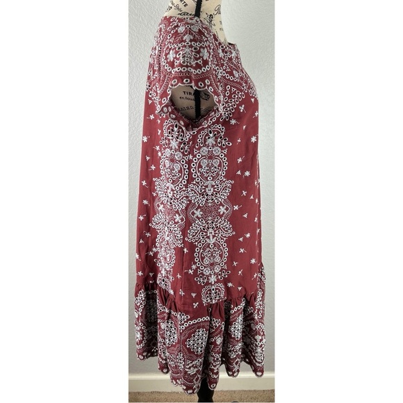 Anthropologie Feather Bone Maroon with Blue Embroidery Ruffle Dress, size Small - Picture 5 of 12